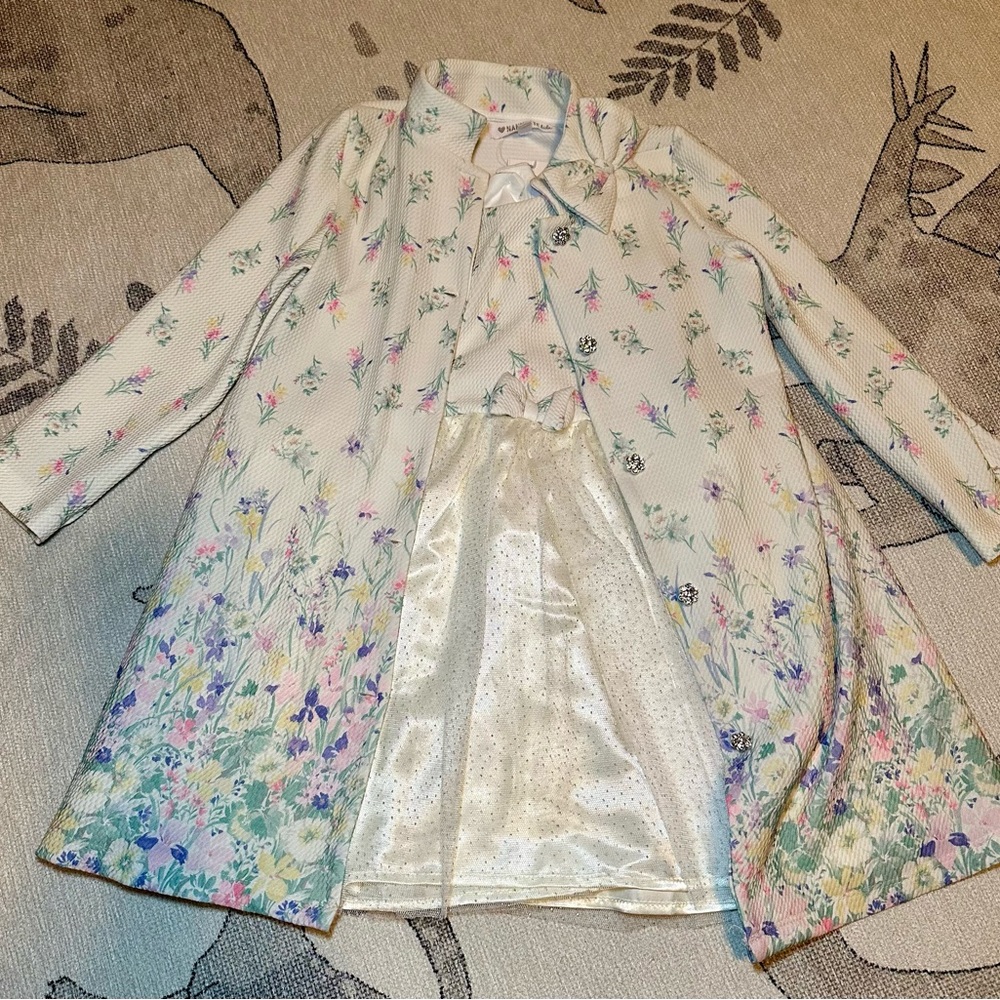 NEW 2 pc set Floral Sleeveless Dress and coat with Gold Skirt